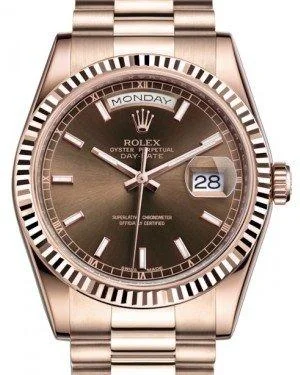 Rolex Day-Date 36 Rose Gold Chocolate Index Dial & Fluted Bezel President Bracelet 118235