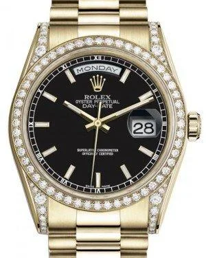 Rolex Day-Date 36 Yellow Gold Black Index Dial & Diamond Set Case & Bezel President Bracelet 118388