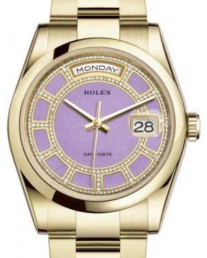 Rolex Day-Date 36 Yellow Gold Carousel of Lavender Jade Diamond Dial & Smooth Domed Bezel Oyster Bracelet 118208