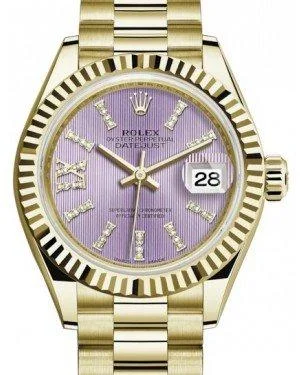 Rolex Lady Datejust 28 Yellow Gold Lilac Diamond Index/Roman IX Dial & Fluted Bezel President Bracelet 279178