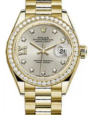 Rolex Datejust 28MM 279138 Silver Diamond Roman 9 o' Clock Diamond Bezel Yellow Gold President - NEW