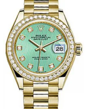 Rolex Datejust 28MM 279138 Mint Green Diamond Markers & Bezel Yellow Gold President - NEW