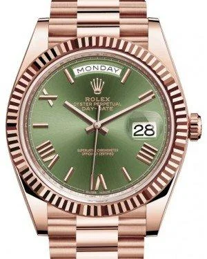 Rolex Day-Date 40mm Rose Gold Olive Green Roman Dial Fluted Bezel 228235