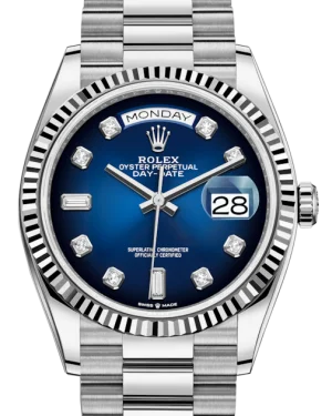 Rolex Day-Date 36 White Gold Blue Ombre Diamond Dial & Fluted Bezel President Bracelet 128239