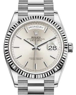 Rolex Day-Date 36 White Gold Silver Index Dial & Fluted Bezel President Bracelet 128239