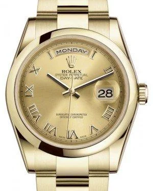 Rolex Day-Date 36 Yellow Gold Champagne Roman Dial & Smooth Domed Bezel Oyster Bracelet 118208