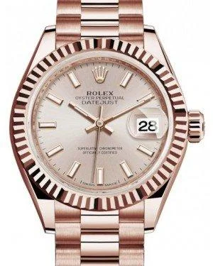 Rolex Lady Datejust 28 Rose Gold Sundust Index Dial & Fluted Bezel President Bracelet 279175