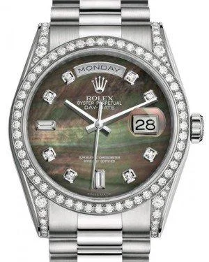 Rolex Day-Date 36 White Gold Black Mother of Pearl Diamond Dial & Diamond Set Case & Bezel President Bracelet 118389