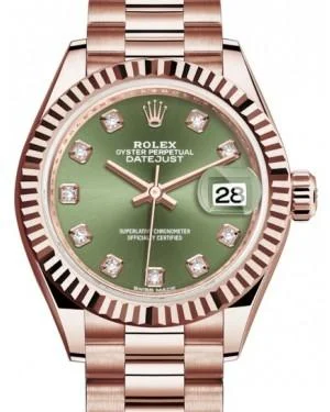 Rolex Lady Datejust 28 Rose Gold Olive Green Diamond Dial & Fluted Bezel President Bracelet 279175