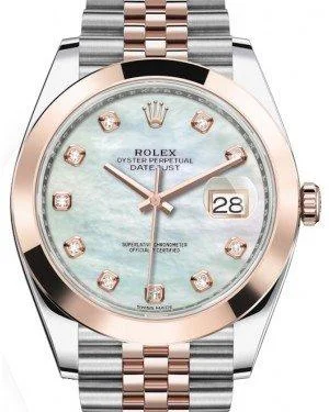 Rolex Datejust 41 Rose Gold/Steel White Mother of Pearl Diamond Dial Smooth Bezel Jubilee Bracelet 126301