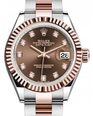 Rolex Lady Datejust 28 Rose Gold/Steel Chocolate Diamond Dial & Fluted Bezel Oyster Bracelet 279171 - NEW