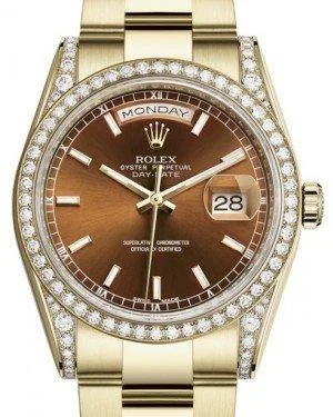 Rolex Day-Date 36 Yellow Gold Cognac Index Dial & Diamond Set Case & Bezel Oyster Bracelet 118388