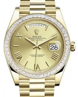 Rolex Day-Date 40 Yellow Gold Champagne Roman Dial & Diamond Baguette Bezel President Bracelet 228398TBR