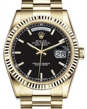 Rolex Day-Date 36 Yellow Gold Black Index Dial & Fluted Bezel President Bracelet 118238