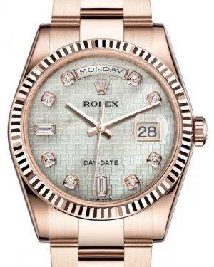 Rolex Day-Date 36 Rose Gold White Mother of Pearl with Oxford Motif Diamond Dial & Fluted Bezel Oyster Bracelet 118235