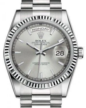 Rolex Day-Date 36 White Gold Silver Index Dial & Fluted Bezel President Bracelet 118239