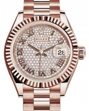 Rolex Lady Datejust 28 Rose Gold Diamond Paved Roman Dial & Fluted Bezel President Bracelet 279175