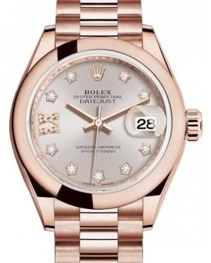 Rolex Lady Datejust 28 Rose Gold Sundust Diamond IX Dial & Smooth Domed Bezel President Bracelet 279165