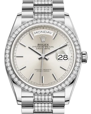 Rolex Day-Date 36 White Gold Silver Index Dial & Diamond Bezel Diamond Set President Bracelet 128239RBR