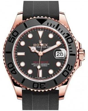 Rolex Yacht-Master 37 Rose Gold Black Dial Black Ceramic Bezel Rubber Oysterflex Strap 268655