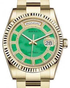 Rolex Day-Date 36 Yellow Gold Carousel of Green Jade Diamond Dial & Fluted Bezel Oyster Bracelet 118238