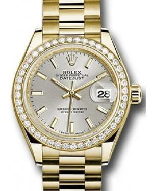 Rolex Datejust 28MM 279138 Silver Index Diamond Bezel Yellow Gold President - NEW