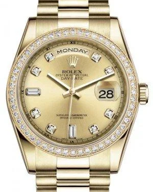 Rolex Day-Date 36 Yellow Gold Champagne Diamond Dial & Diamond Bezel President Bracelet 118348