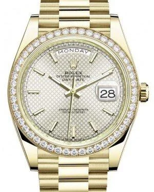 Rolex Day-Date 40 Yellow Gold Silver Diagonal Motif Index Dial & Diamond Bezel President Bracelet 228348RBR