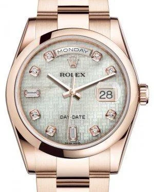 Rolex Day-Date 36 Rose Gold White Mother of Pearl with Oxford Motif Diamond Dial & Smooth Domed Bezel Oyster Bracelet 118205