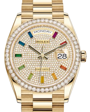 Rolex Day-Date 36 Yellow Gold Diamond Paved Rainbow Colored Sapphires Dial & Diamond Bezel President Bracelet 128348RBR