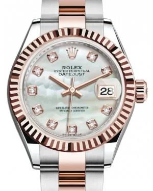 Rolex Lady Datejust 28 Rose Gold/Steel White Mother of Pearl Diamond Dial & Fluted Bezel Oyster Bracelet 279171 - NEW