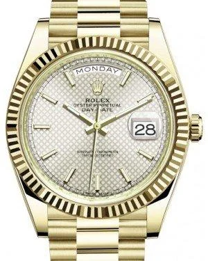 Rolex Day-Date 40 Yellow Gold Silver Diagonal Motif Index Dial & Fluted Bezel President Bracelet 228238 -  New