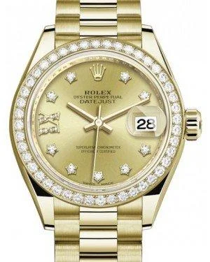 Rolex Lady Datejust 28 Yellow Gold Champagne Diamond IX Dial & Diamond Bezel President Bracelet 279138RBR