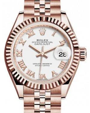 Rolex Lady Datejust 28 Rose Gold White Roman Dial & Fluted Bezel Jubilee Bracelet 279175