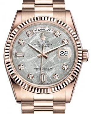 Rolex Day-Date 36 Rose Gold Meteorite Diamond Dial & Fluted Bezel President Bracelet 118235