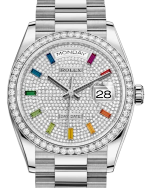 Rolex Day-Date 36 White Gold Diamond Paved Rainbow Colored Sapphires Dial & Diamond Bezel President Bracelet 128239RBR