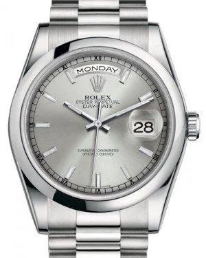 Rolex Day-Date 36 Platinum Silver Index Dial & Smooth Domed Bezel President Bracelet 118206