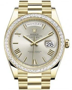 Rolex Day-Date 40 Yellow Gold Silver Roman Dial & Baguette Diamond Bezel President Bracelet 228398TBR