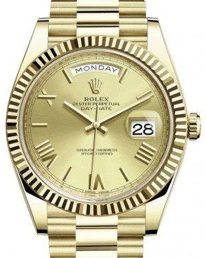 Rolex Day-Date 40 Yellow Gold Champagne Roman Dial Fluted Bezel 228238