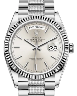 Rolex Day-Date 36 White Gold Silver Index Dial & Fluted Bezel Diamond Set President Bracelet 128239