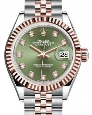 Rolex Lady Datejust 28 Rose Gold/Steel Olive Green Diamond Dial & Fluted Bezel Jubilee Bracelet 279171