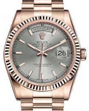 Rolex Day-Date 36 Rose Gold Rhodium Index Dial & Fluted Bezel President Bracelet 118235