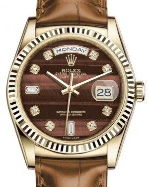 Rolex Day-Date 36 Yellow Gold Bull's Eye Diamond Dial & Fluted Bezel Cognac Leather Strap 118138