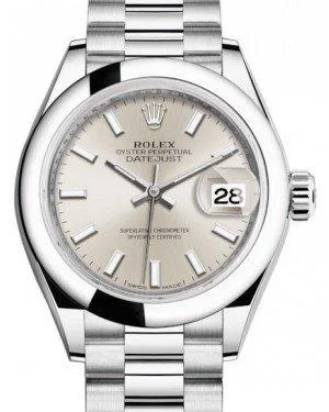 Rolex Lady Datejust 28 Platinum Silver Index Dial & Smooth Domed Bezel President Bracelet 279166