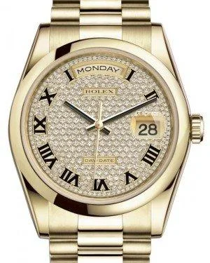 Rolex Day-Date 36 Yellow Gold Diamond Paved Roman Dial & Smooth Domed Bezel President Bracelet 118208