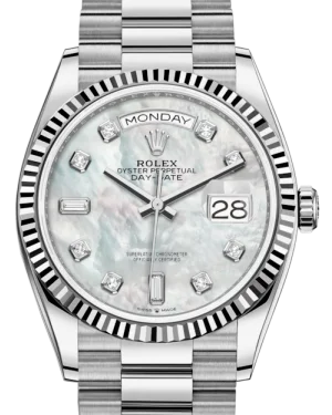 Rolex Day-Date 36 White Gold White Mother of Pearl Diamond Dial & Fluted Bezel President Bracelet 128239