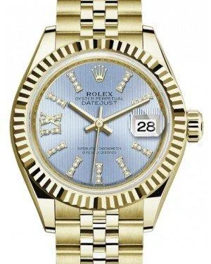 Rolex Lady Datejust 28 Yellow Gold Cornflower Blue Diamond Index/Roman IX Dial & Fluted Bezel Jubilee Bracelet 279178