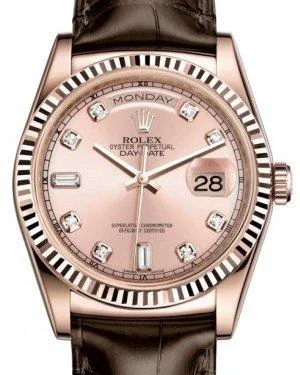 Rolex Day-Date 36 Rose Gold Pink Diamond Dial & Fluted Bezel Tobacco Leather Strap 118135