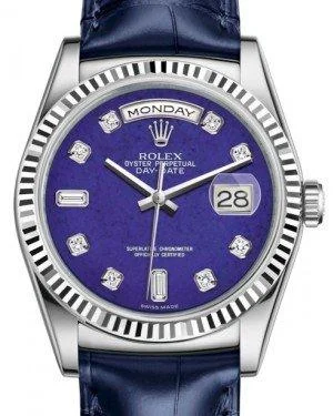 Rolex Day-Date 36 White Gold Lapis Lazuli Diamond Dial & Fluted Bezel Blue Leather Strap 118139