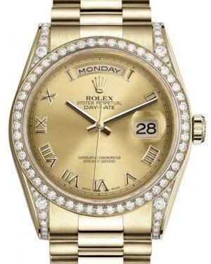 Rolex Day-Date 36 Yellow Gold Champagne Roman Dial & Diamond Set Case & Bezel President Bracelet 118388